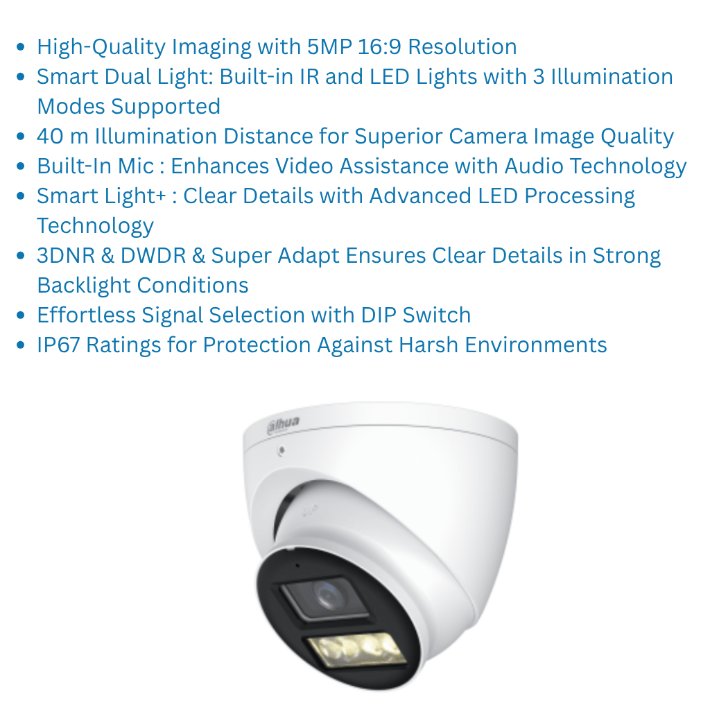 5MP Smart Dual Light HDCVI Fixed-focal Eyeball Camera with IP67 weatherproof housing for indoor and outdoor CCTV surveillance.